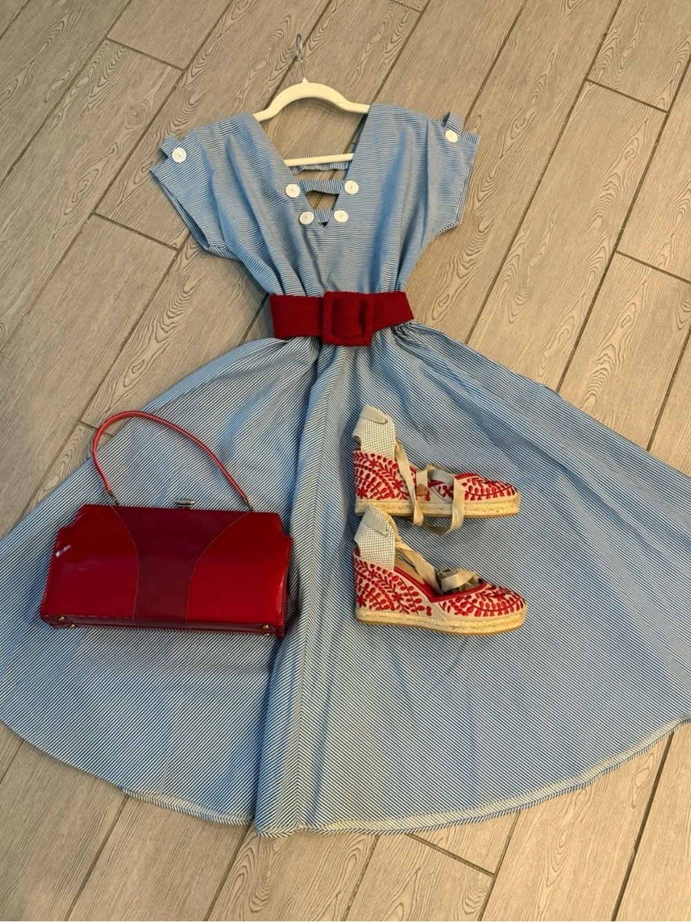 Vintage Nautical Blue and White Stripe Button Front Fit & Flare Dress - Picture 1 of 4